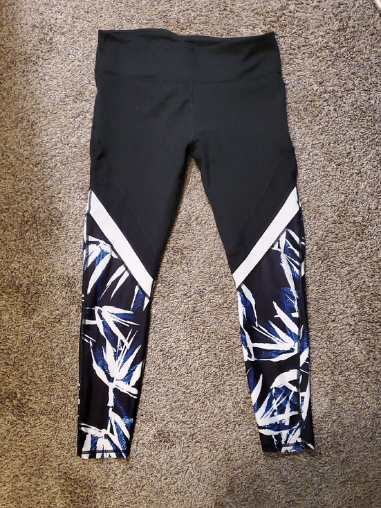 Pants - Fabletics Black Leggings with Blue White Leaf Print Accent